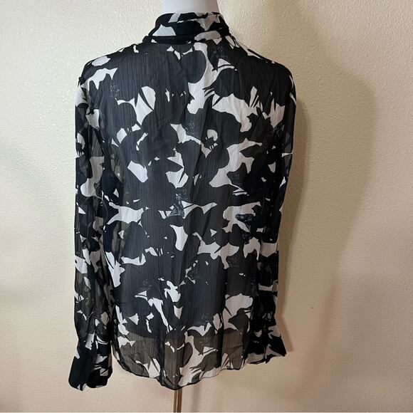 Jason Wu navy blue white floral neck tie sheer flowy button front blouse 14 - Picture 7 of 10